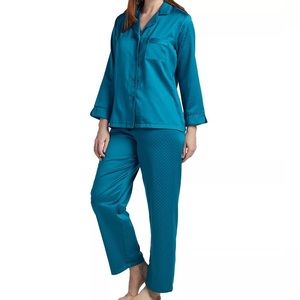 Miss Elaine Teal Notched Collar Pajama Set Medium